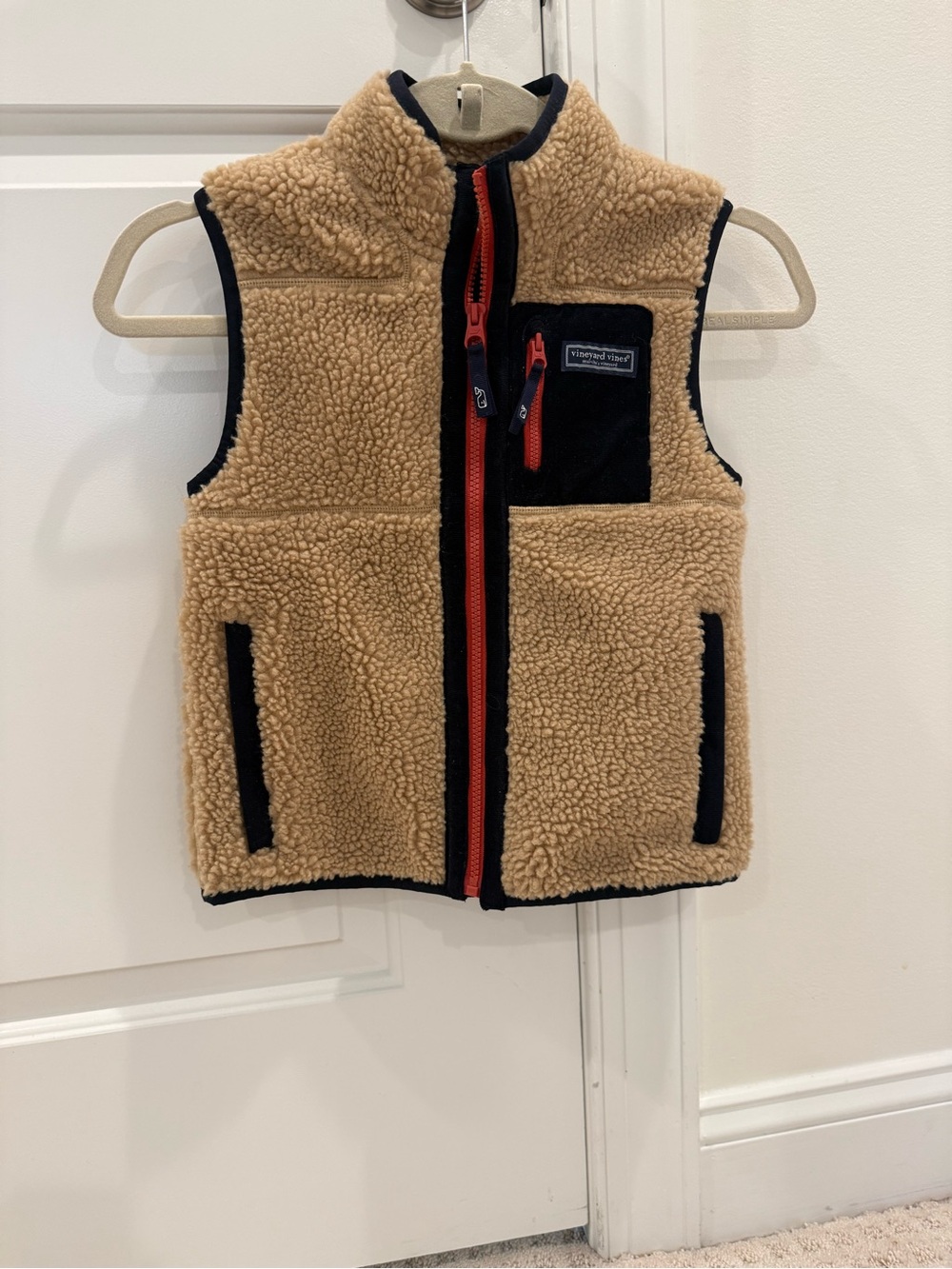 Vineyard Vines Kids Tan Sherpa Vest with Navy Trim and Red Zipper
